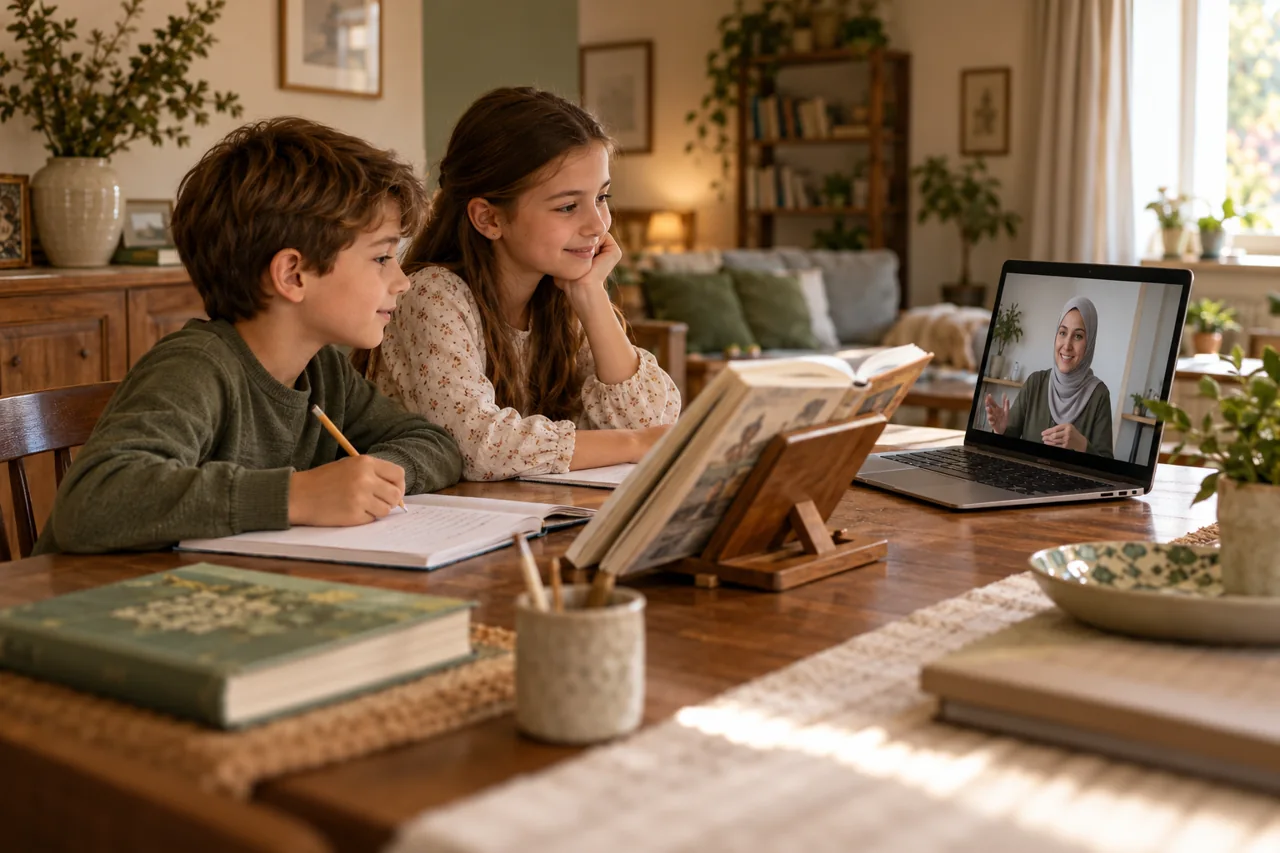 Deux enfants apprennent ensemble à distance, avec une enseignante sur un ordinateur.
